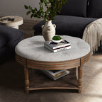 Large Round WaterProof Ottoman Coffee Table 2 Tier Oversized Button Tufted Ottoman with Wooden Shelf Storage Farmhouse Upholstered Coffee Table Living Room Footstool Ottoman Linen(Light Gray)