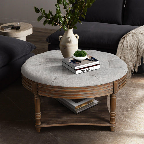Large Round WaterProof Ottoman Coffee Table 2 Tier Oversized Button Tufted Ottoman with Wooden Shelf Storage Farmhouse Upholstered Coffee Table Living Room Footstool Ottoman Linen(Light Gray).