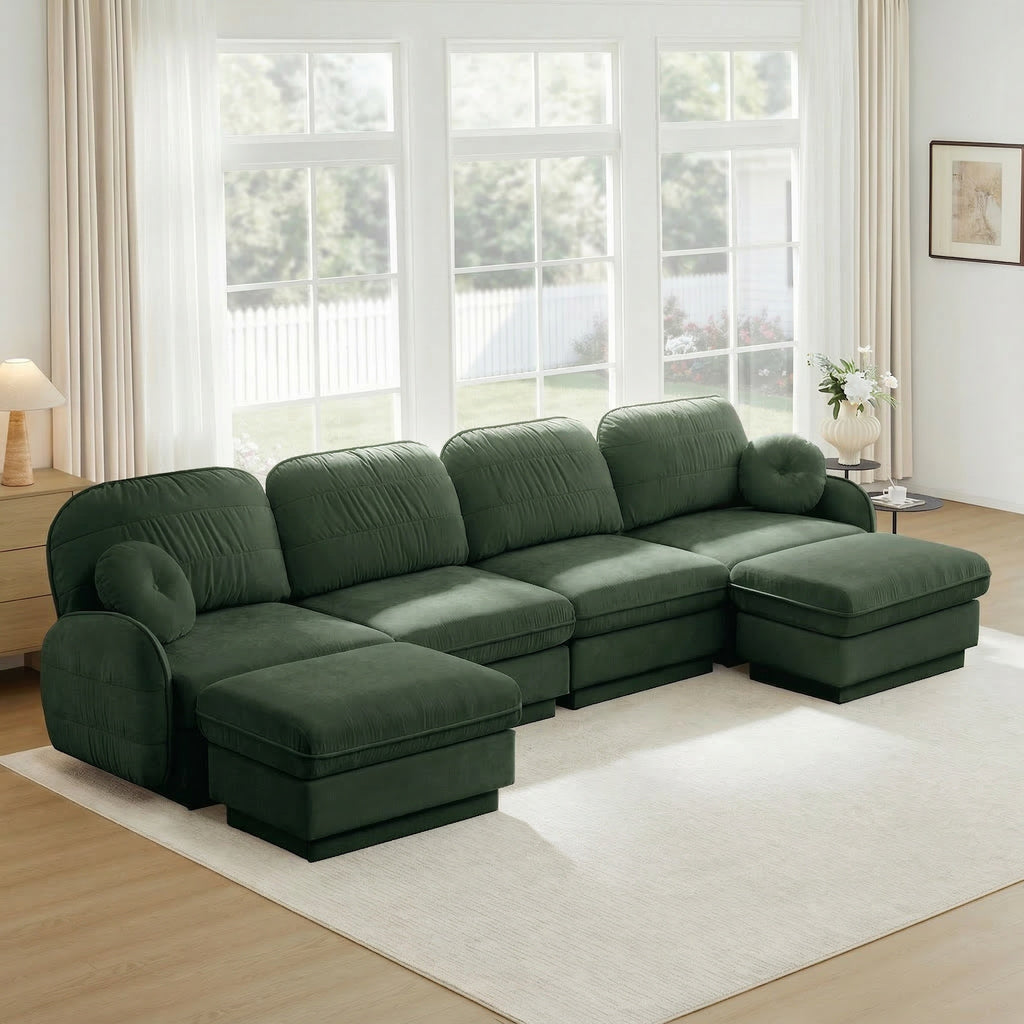 Oversize 137-Inch Green Chenille U-Shaped Sofa with Movable Ottoman