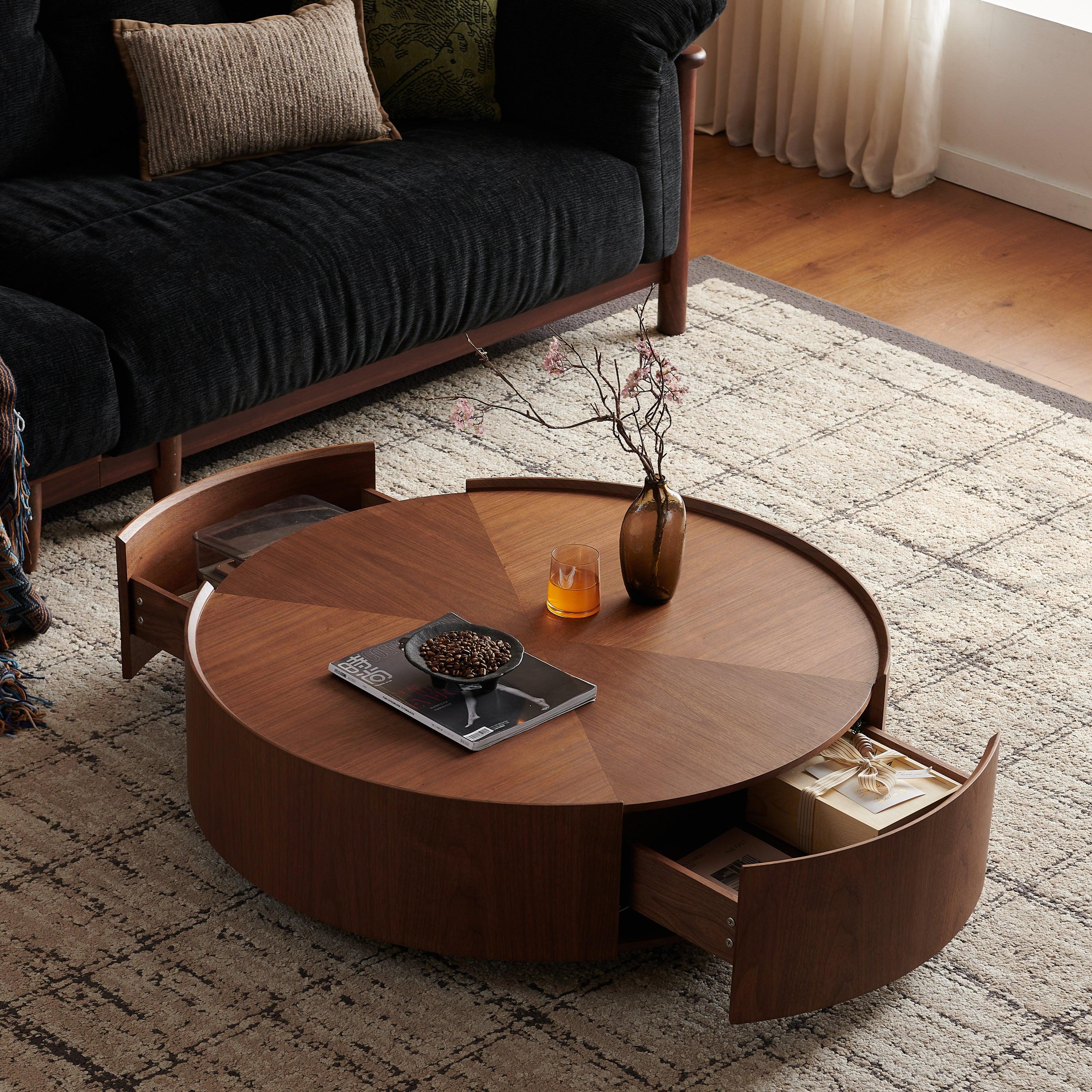 35.4-Inch Walnut Coffee Table with Circular Design.