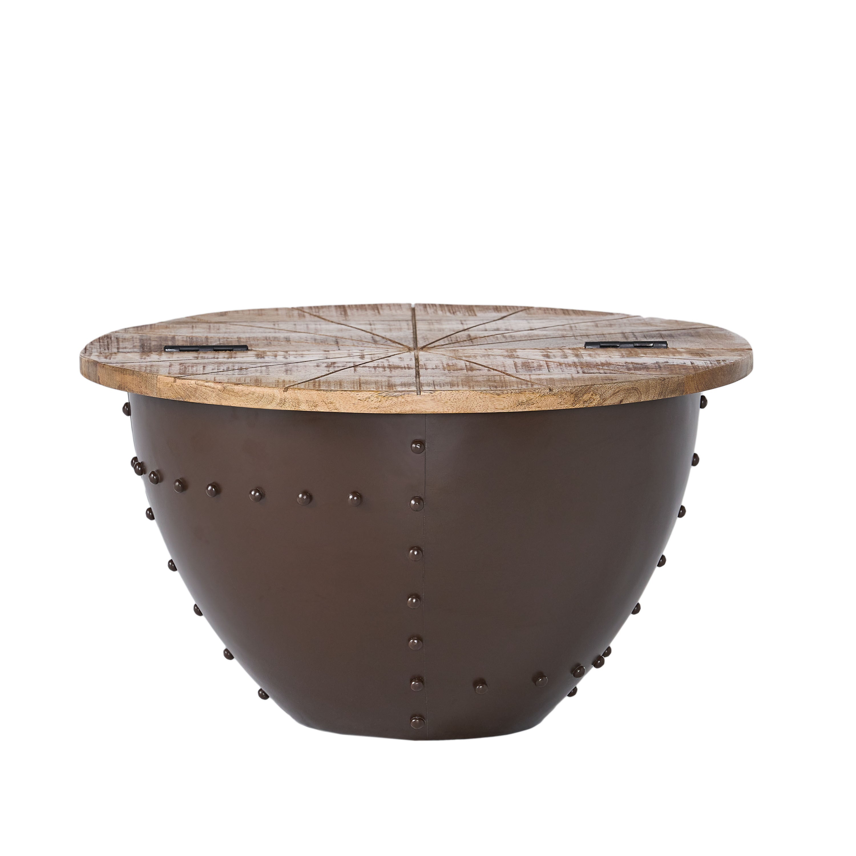 Modern Industrial Wooden & Iron Coffee Table with riveted iron base and round wooden top, closed for a sleek look.