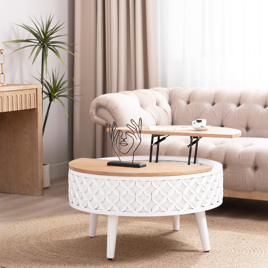Boho farmhouse round coffee table with lift-top design, white carved base and natural wood top, styled in a modern living room.