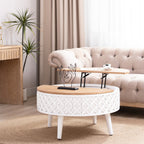 Boho farmhouse round coffee table with lift-top design, white carved base and natural wood top, styled in a modern living room.