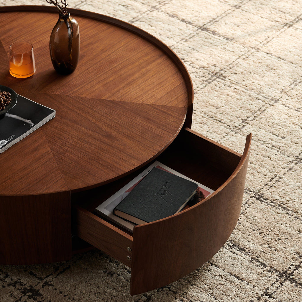 35.4-Inch Walnut Coffee Table with Circular Design.