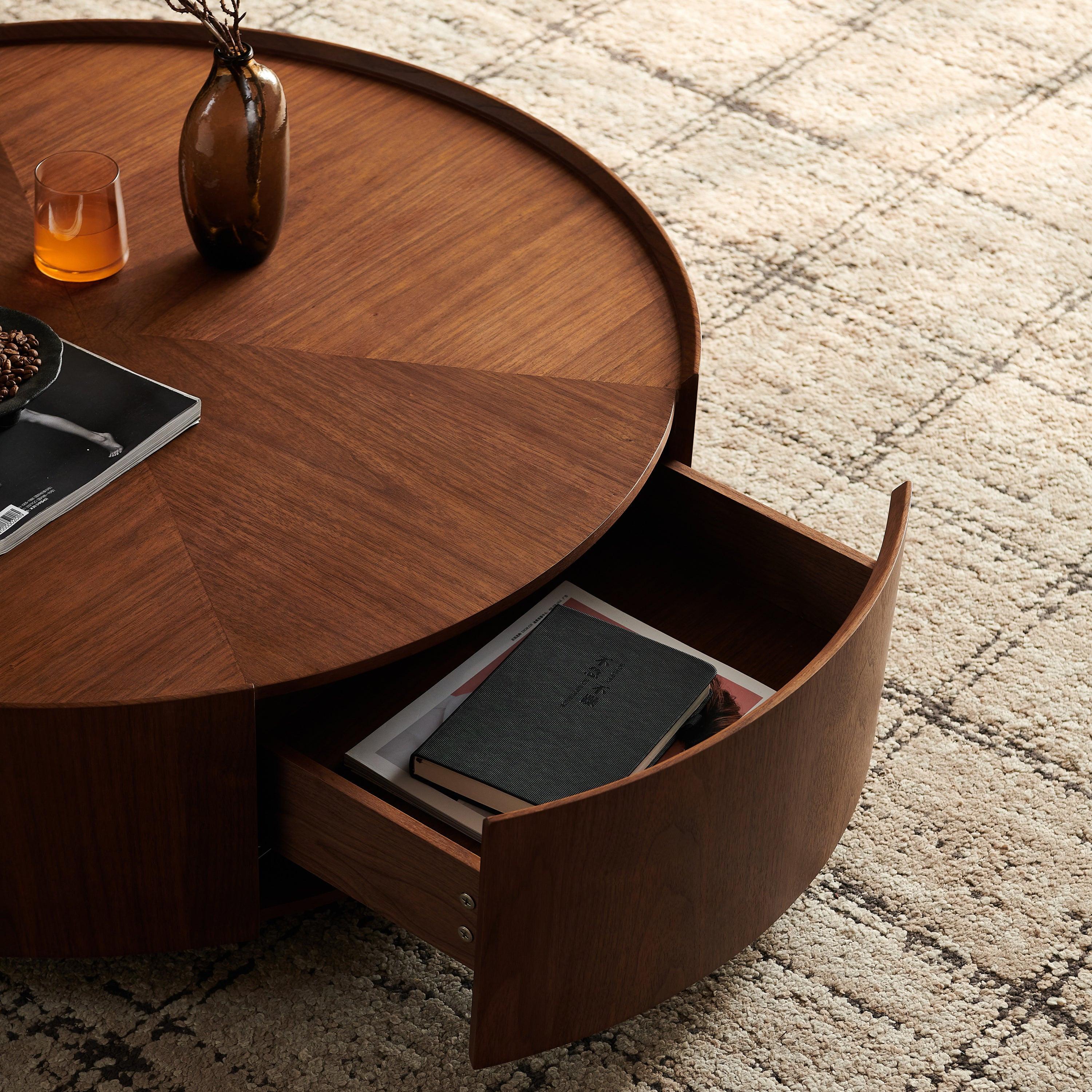 35.4-Inch Walnut Coffee Table with Circular Design.