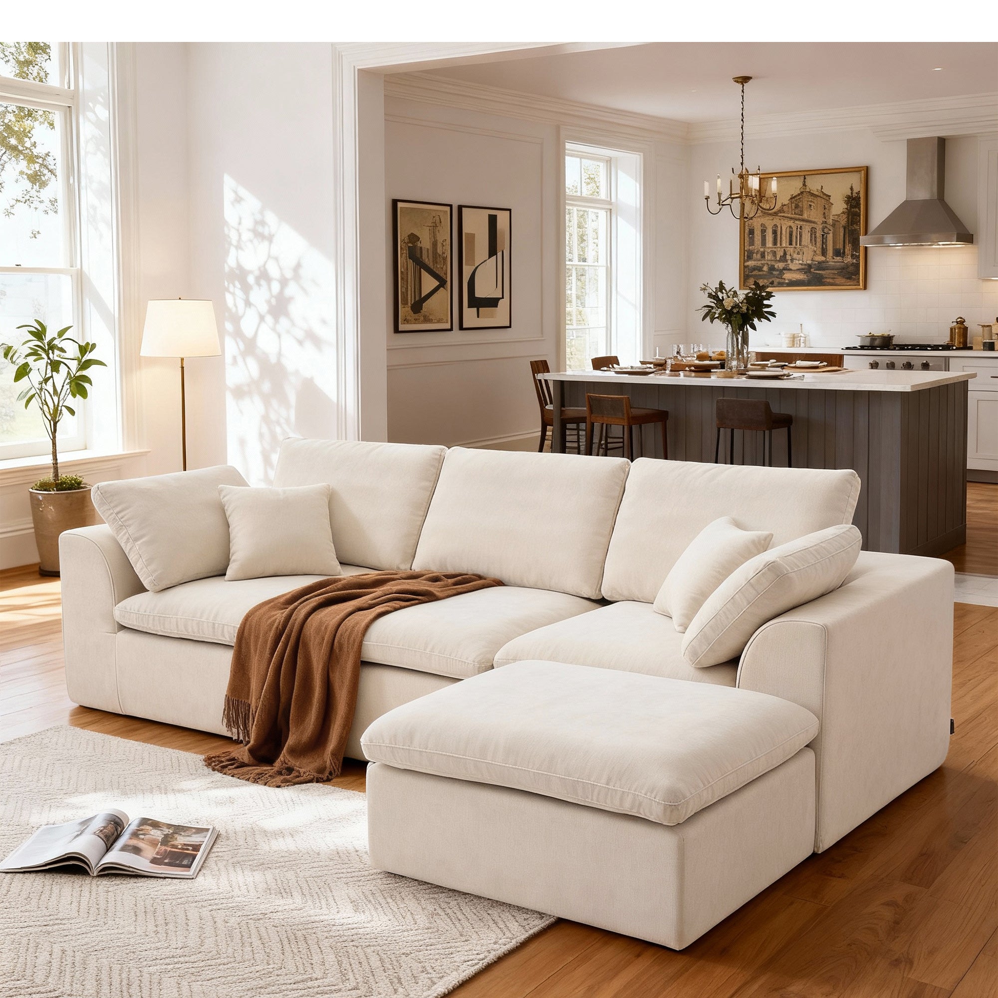 L-Shaped Sectional Sofa with Chaise in elegant living room setting, featuring plush chenille fabric and solid wood frame for durability.