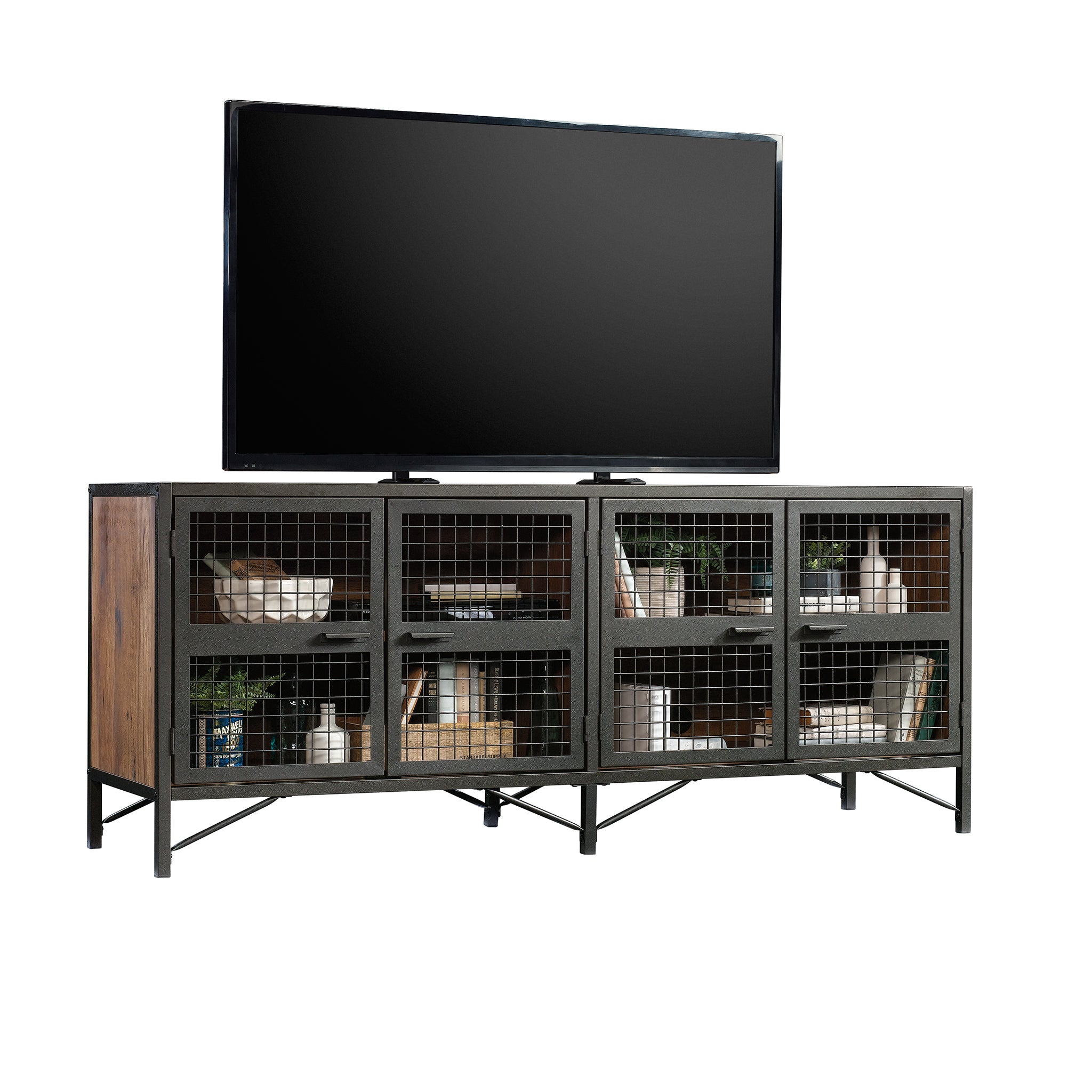 Industrial Brown TV Credenza supporting a flat-screen TV, featuring six mesh doors and spacious shelving for media accessories.