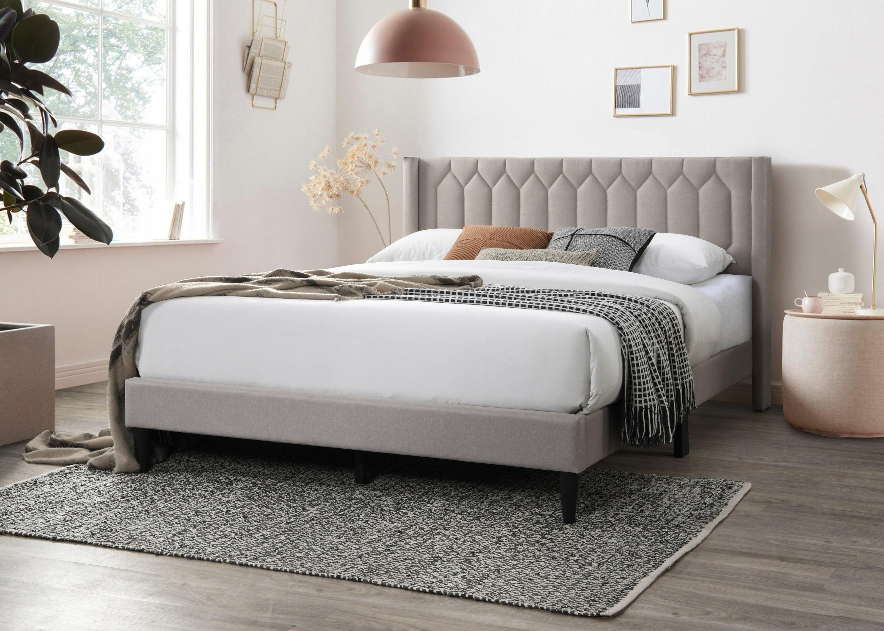 Full Size Burlap Fabric Bed Frame with Diamond Design.