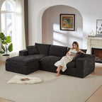 Chenille Cloud Sofa - Comfortable & Combinable dark gray sectional with woman reading. Ideal for modern living rooms with cozy, modular seating.