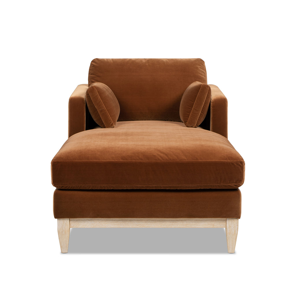 Front view of Knox 65' burnt orange velvet chaise lounge chair with symmetrical armrests and supportive cushions for modern farmhouse interiors.