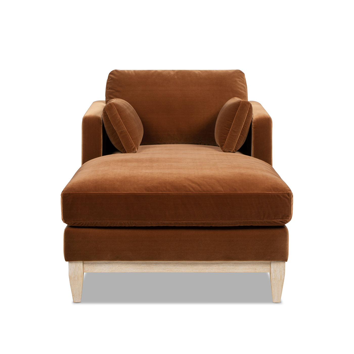 Front view of Knox 65' burnt orange velvet chaise lounge chair with symmetrical armrests and supportive cushions for modern farmhouse interiors.
