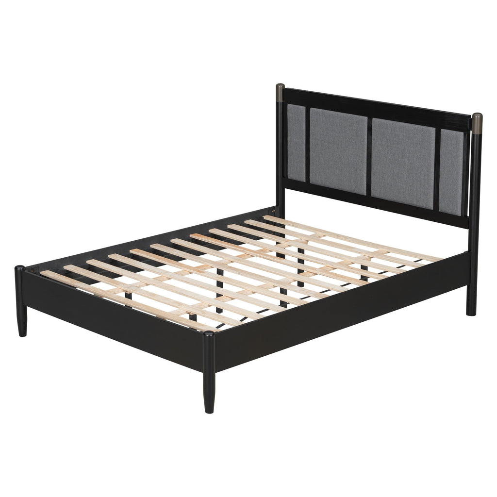 Solid Wood Queen Bed - Heavy Duty, Support 500 lbs - Black Headboard.