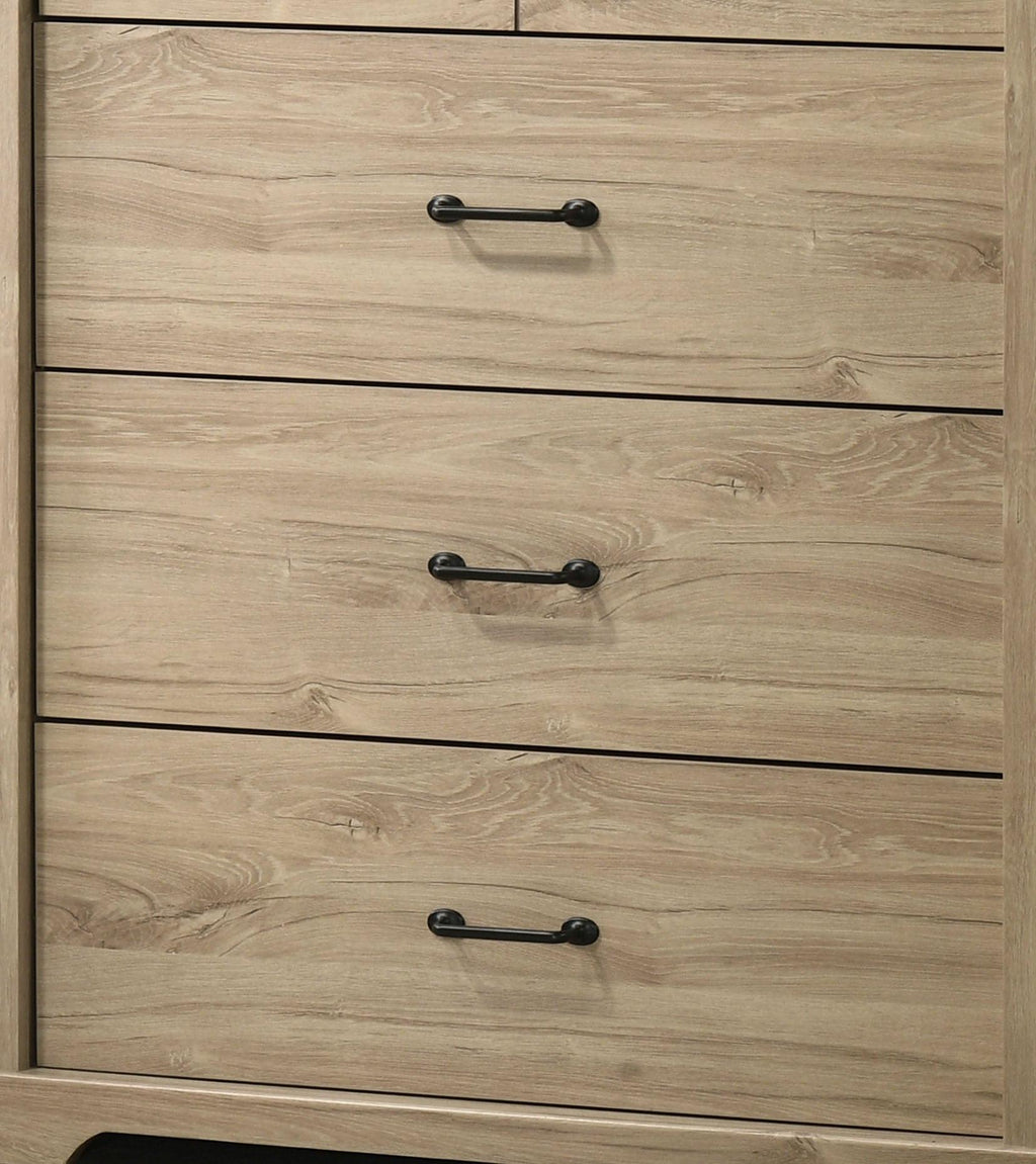 Elara 4-Drawer Light Oak Chest with Black Handles.