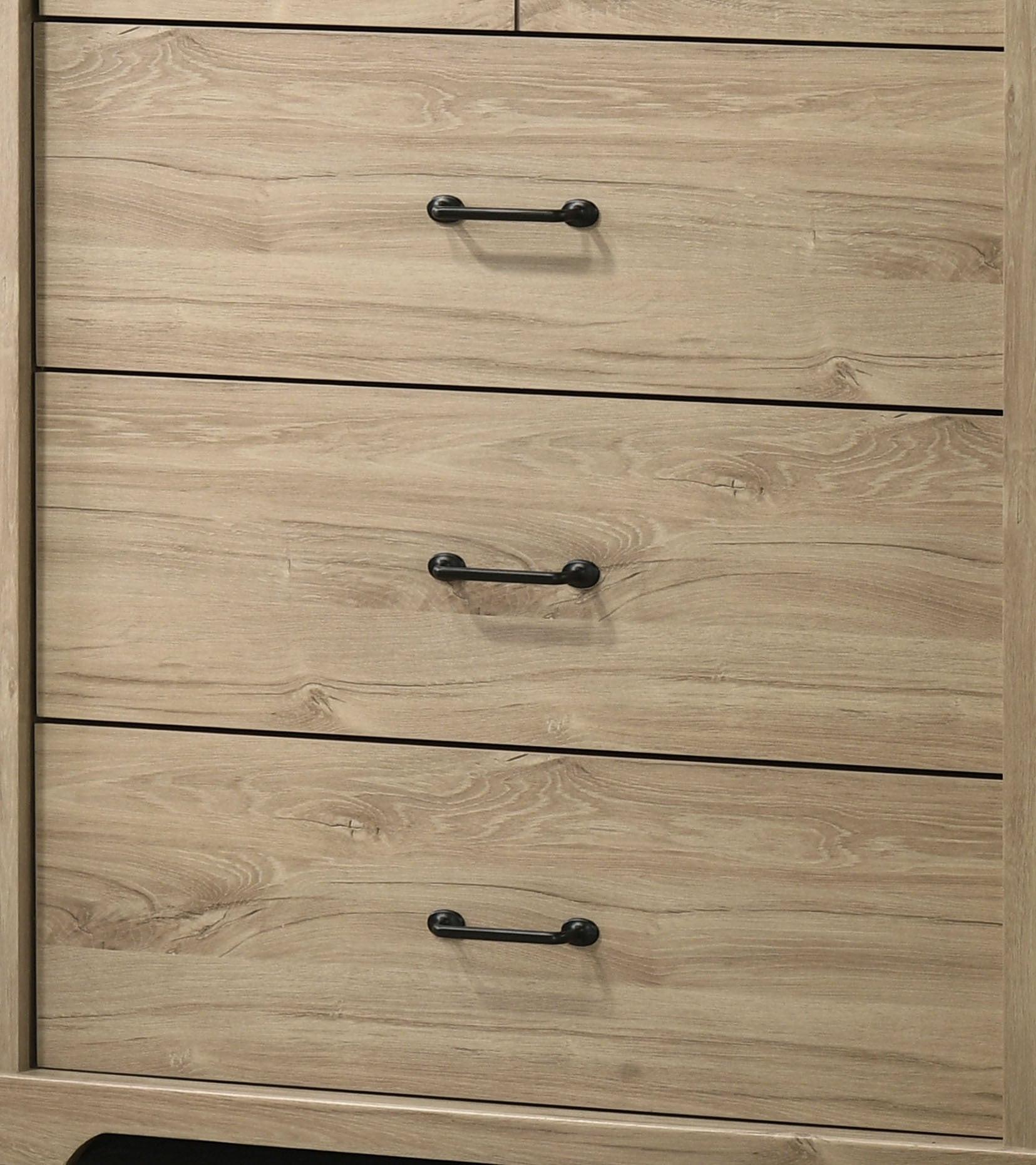 Elara 4-Drawer Light Oak Chest with Black Handles.
