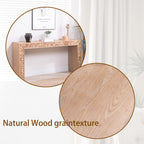 Natural wood grain texture of rustic console table shown in close-up, emphasizing its farmhouse appeal and organic finish.