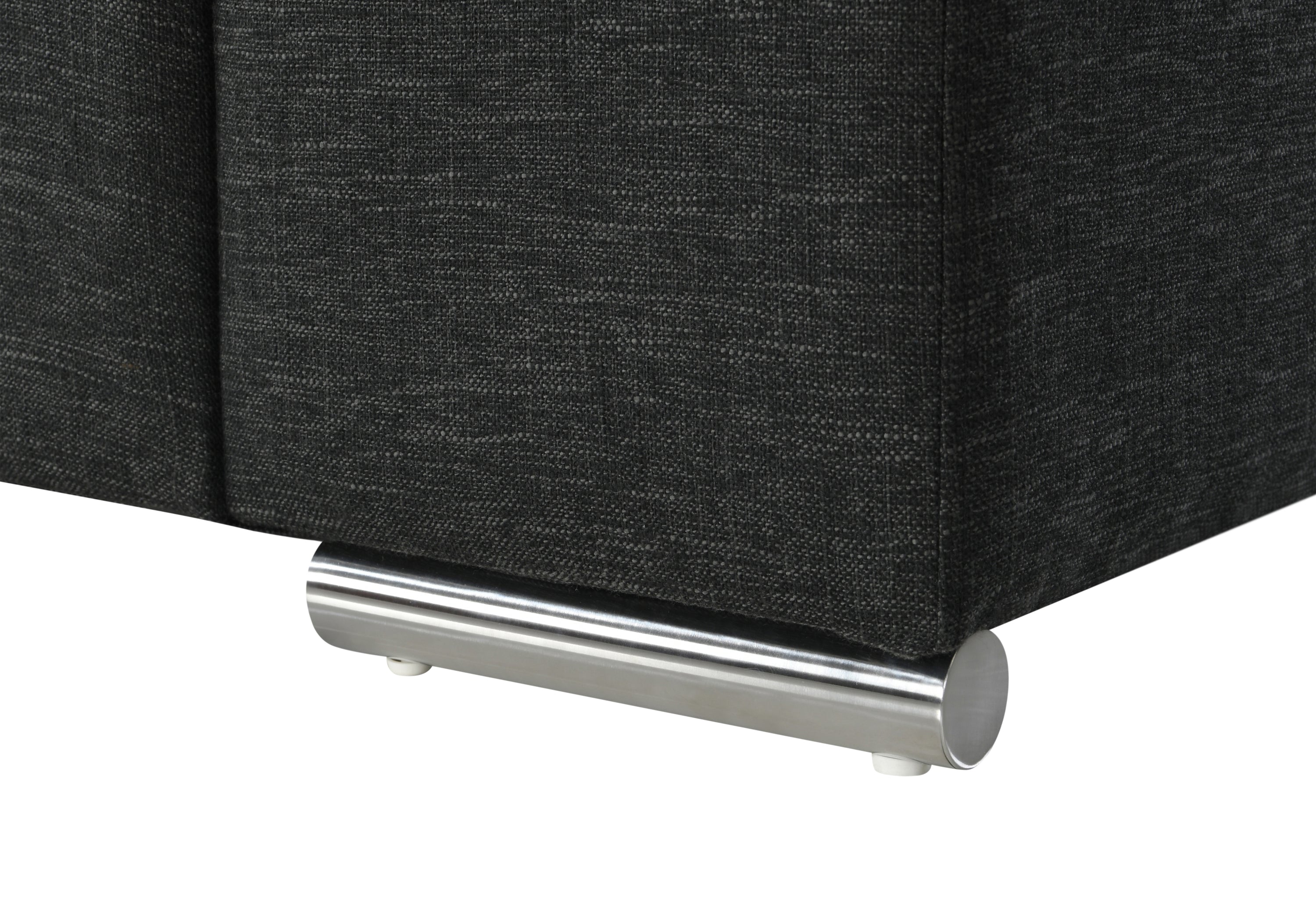 Detail of Gianna Black Linen Arm Chair chrome leg, showcasing sturdy cylindrical metal base for modern elegance and durability.