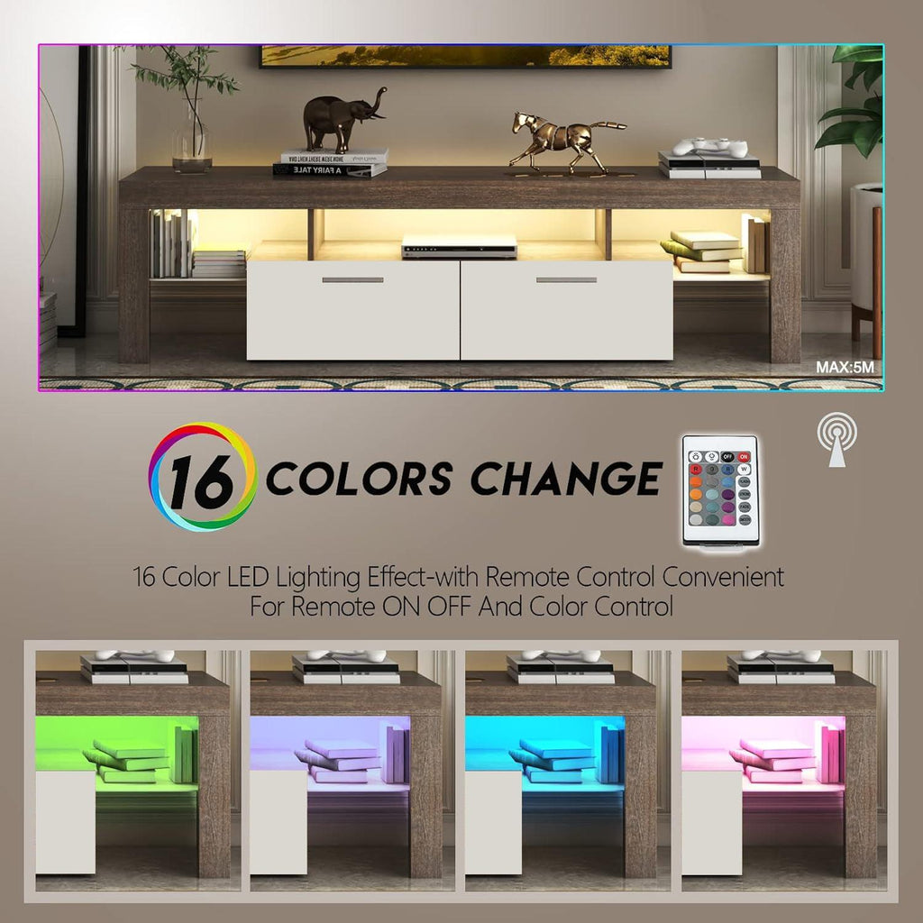 LED TV Stand with Storage for 75 Inch TVs - Brown and White.
