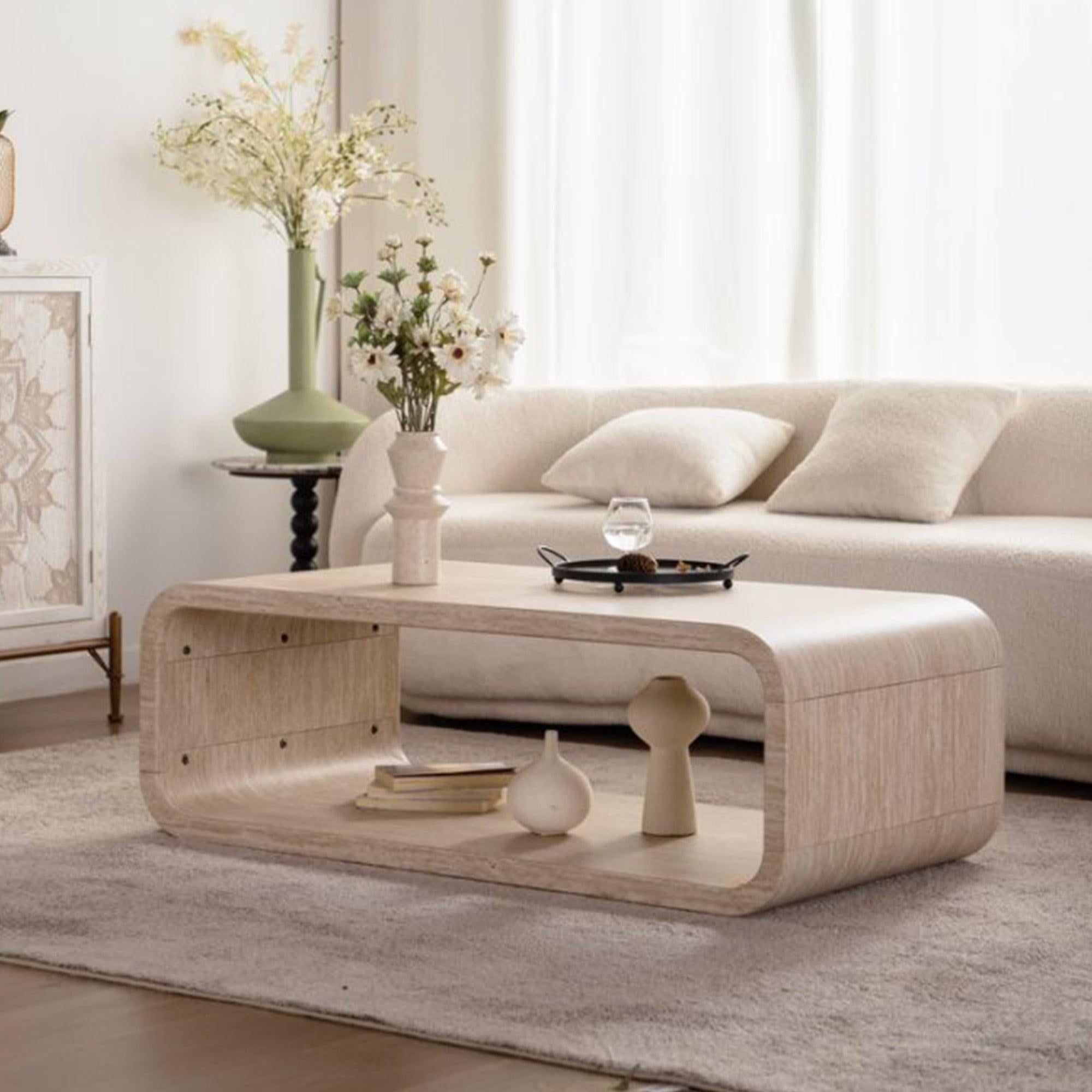 Modern Light Wood Coffee Table with Open Storage.