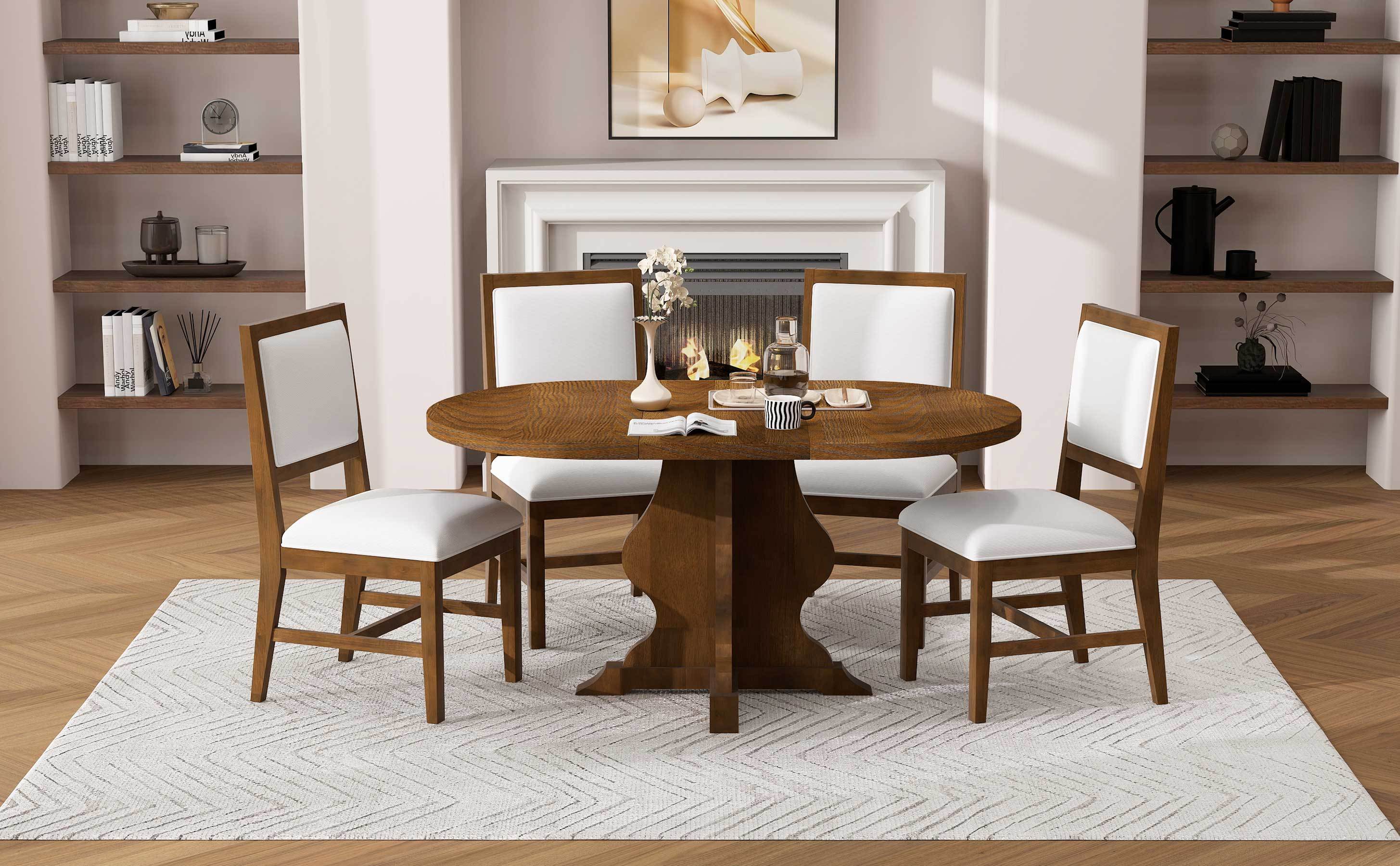 Farmhouse dining table set with extended oval table and four white cushioned chairs. Blends rustic charm with modern comfort.