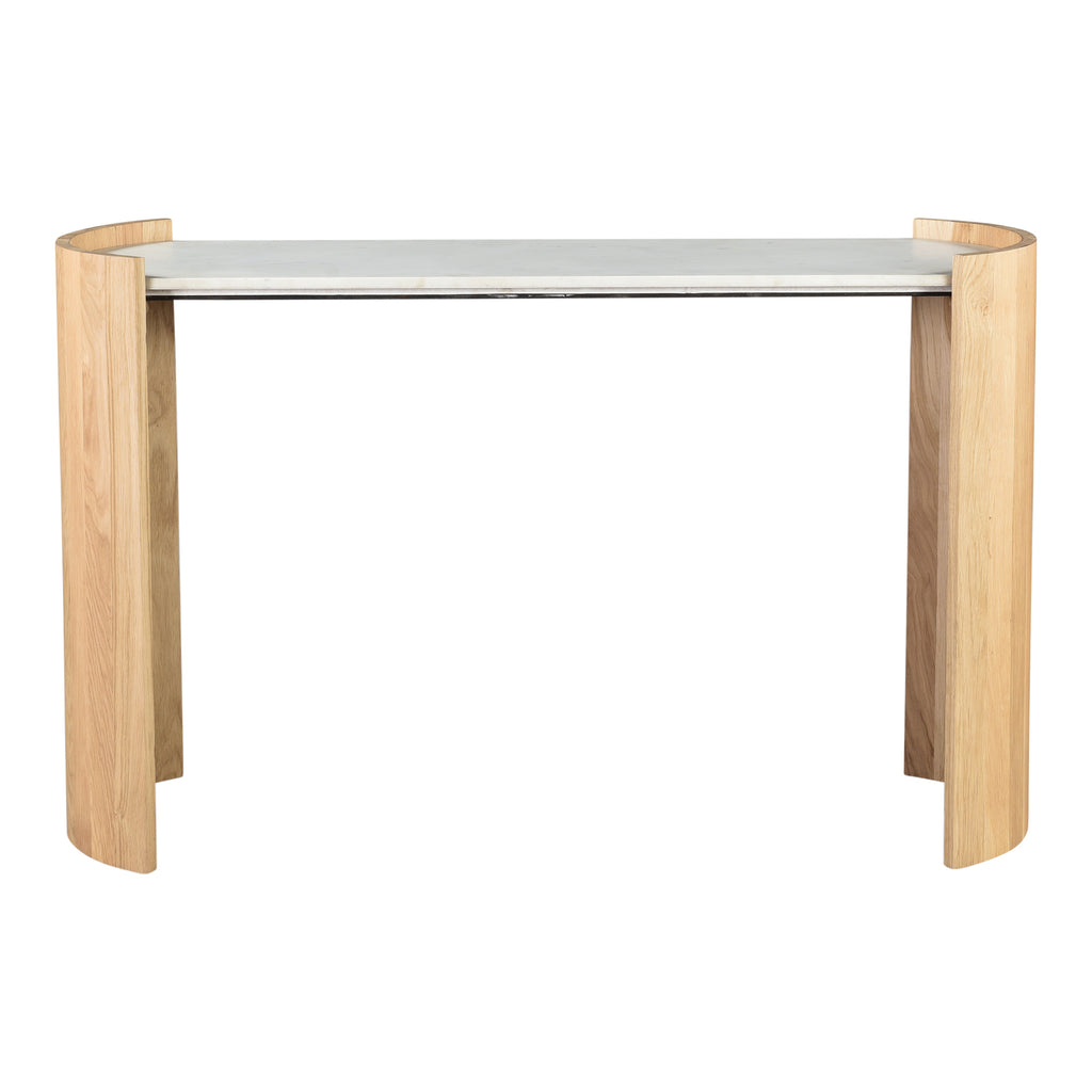 Dala 50-Inch White Marble and Oak Console Table with Arched Legs