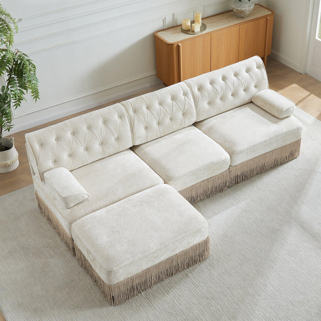 Modular Sectional Sofa in Beige with Button Tufting.