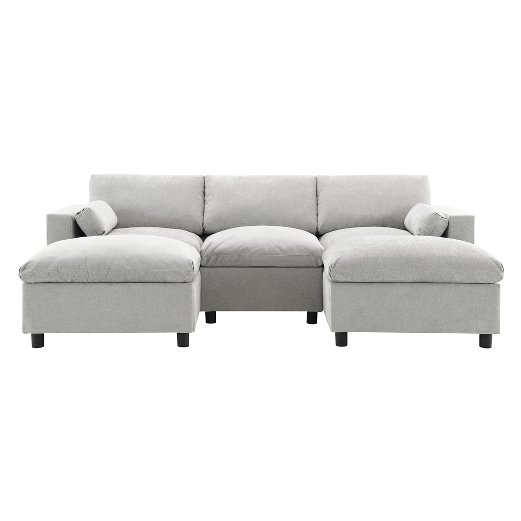 Front view of Chenille Modular Sofa - U-Shaped Couch with Storage showing three-seat base and two ottomans for flexible seating.