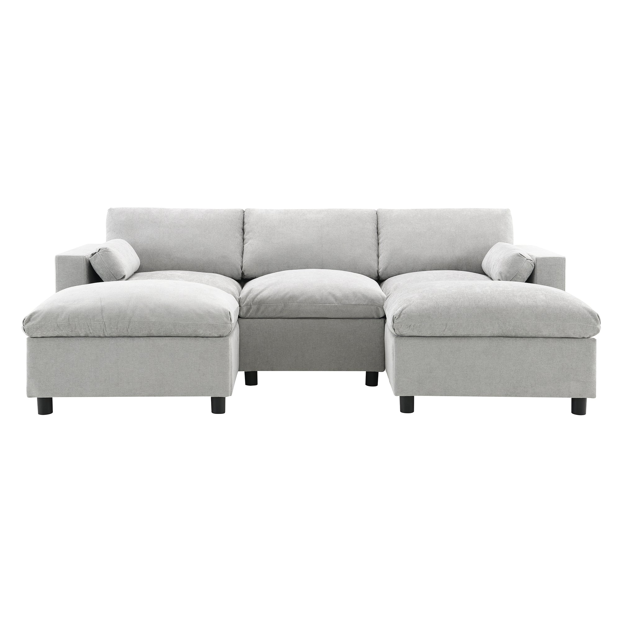 Front view of Chenille Modular Sofa - U-Shaped Couch with Storage showing three-seat base and two ottomans for flexible seating.