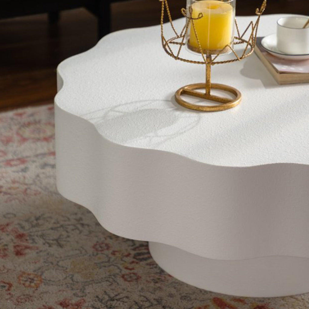 Scalloped White Coffee Table for Modern Living Spaces.