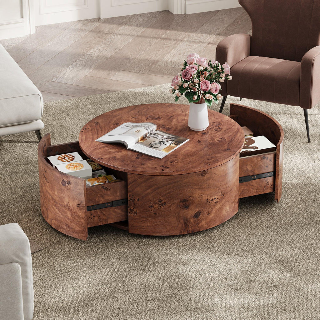 Burl Wood Coffee Table with Drawers - 360° Rotating Top.