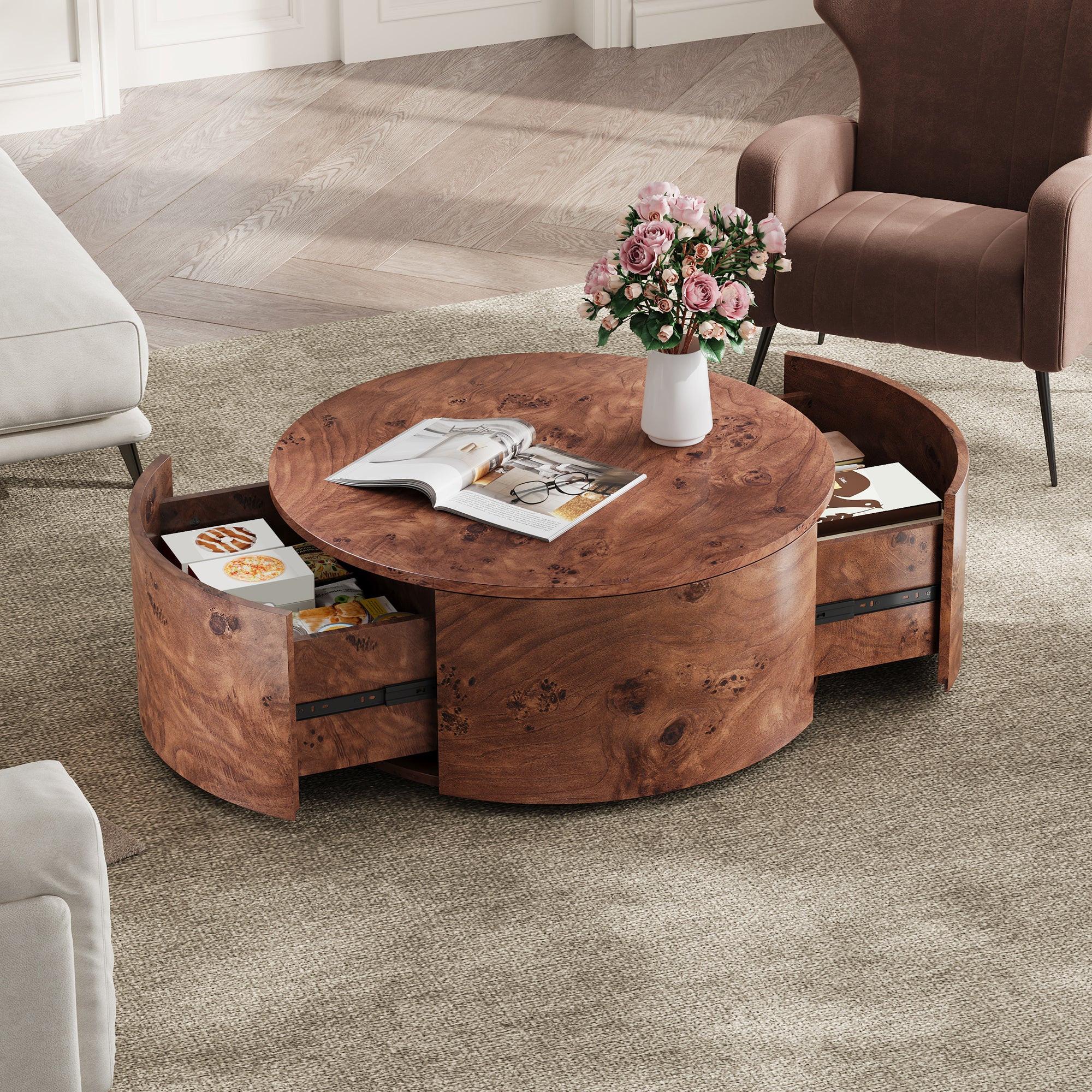 Burl Wood Coffee Table with Drawers - 360° Rotating Top.