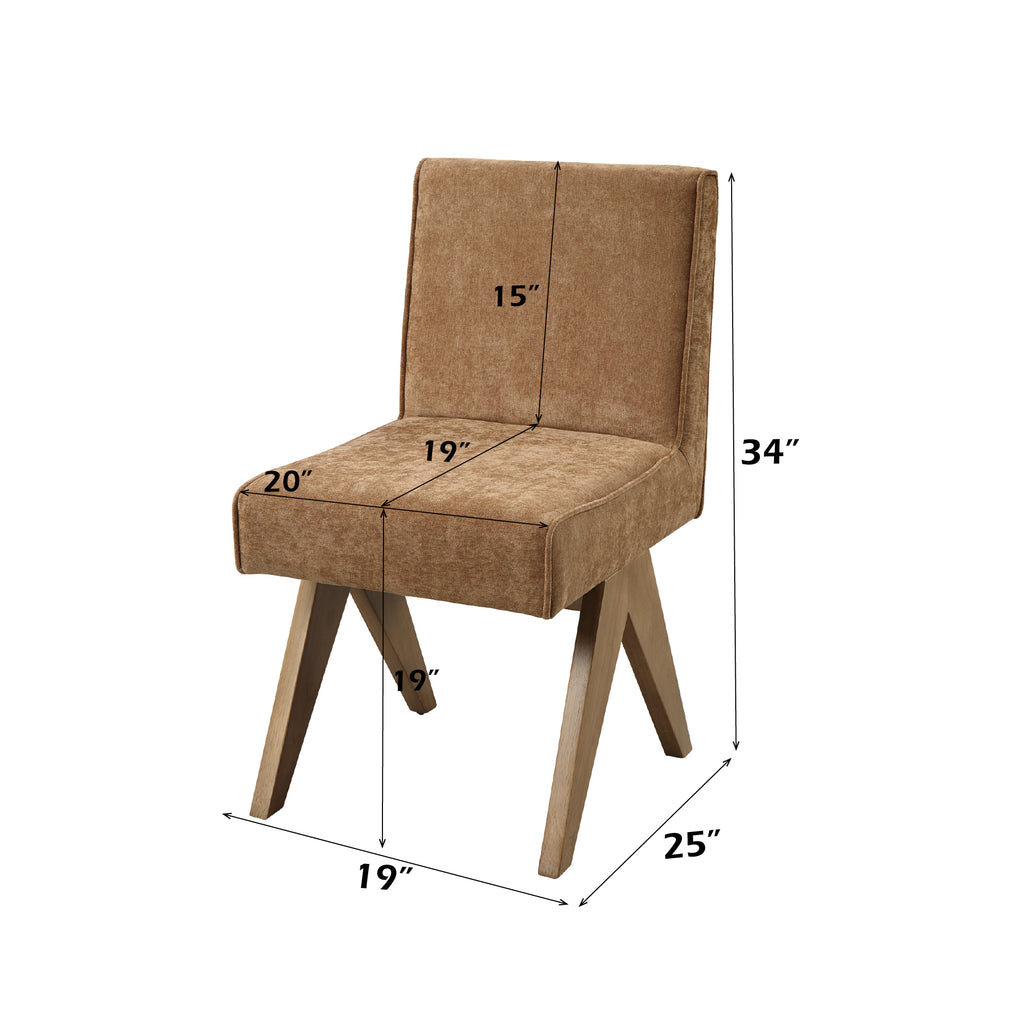 Chenille & Oak Side Chair with dimensions labeled, featuring 34-inch height and 25-inch depth for stylish and comfortable dining.