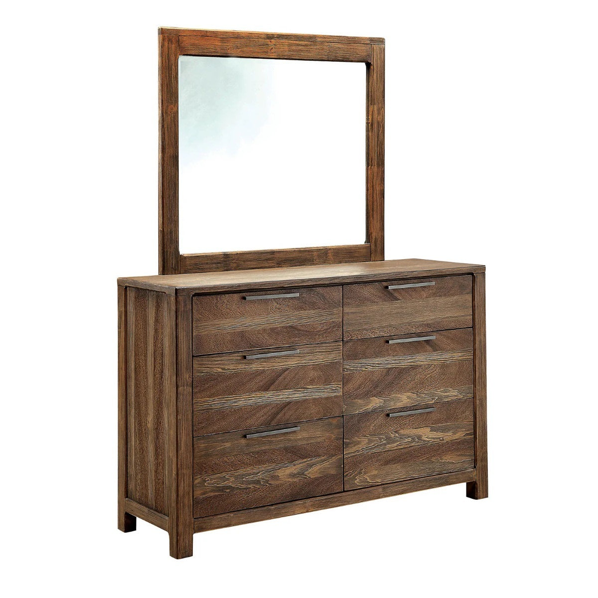 Rustic Natural Tone Dresser - Solid Wood with Felt-Lined Drawers, paired with a matching framed mirror for a cohesive look.