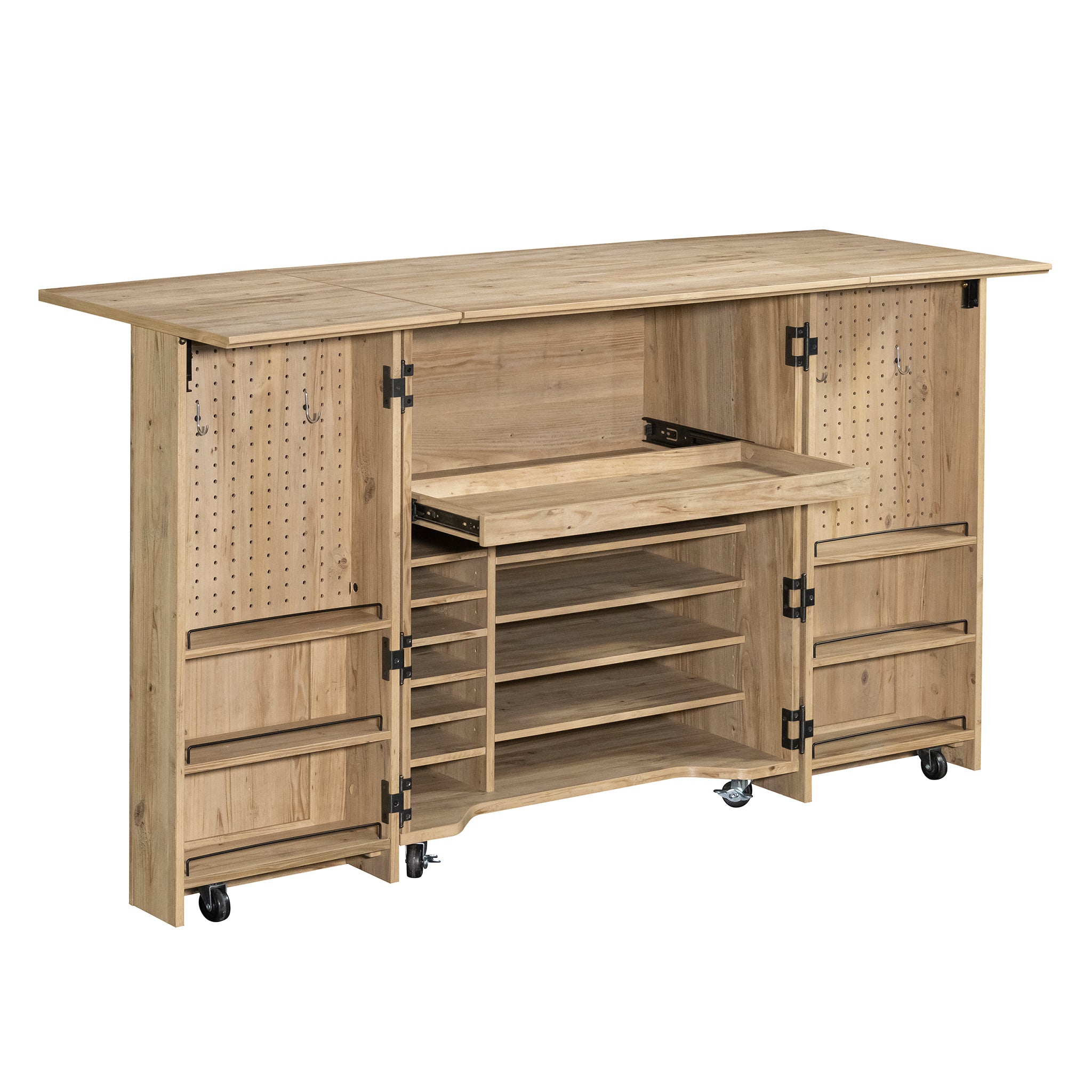 Craft Cart with Storage for Home featuring open swing-out doors, pegboards, shelves, and pull-out work surface in brown finish on rolling casters.