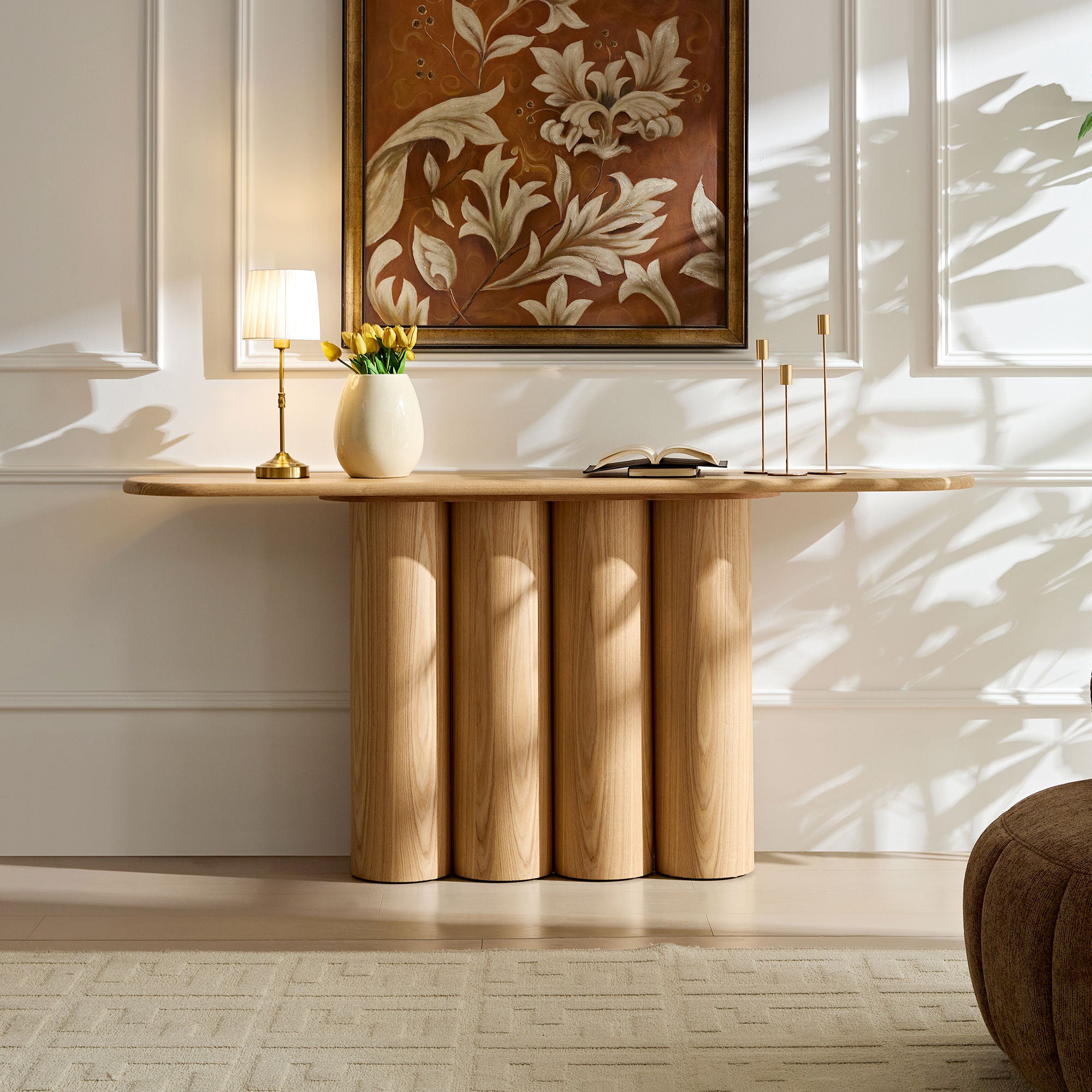 67-Inch Natural Wood Console Table with Unique Cylinder Legs