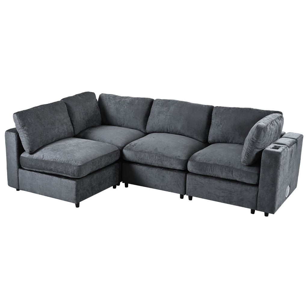 L-shaped modular sofa with USB, wireless charging, and hidden storage, upholstered in soft dark grey fabric for modern living rooms.