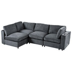 L-shaped modular sofa with USB, wireless charging, and hidden storage, upholstered in soft dark grey fabric for modern living rooms.