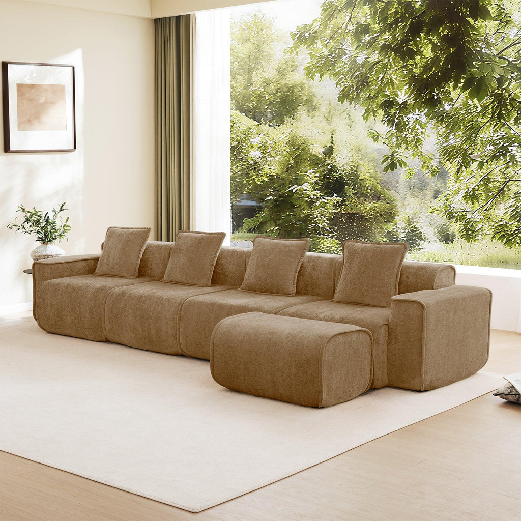 Modular L Shape Sofa: No-Assembly, Velvet Brown 4-Seater.