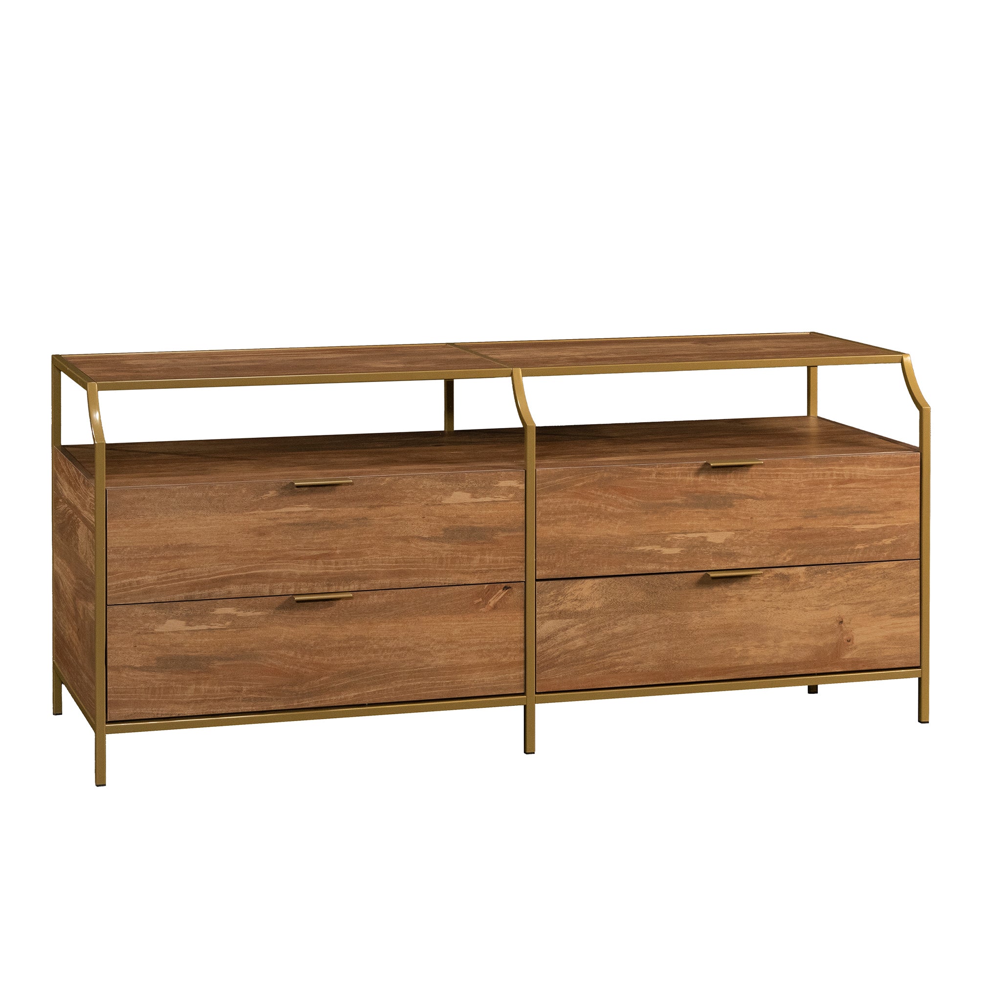 Brown dresser furniture for bedroom with four drawers and open top shelf, featuring gold metal frame and modern design.