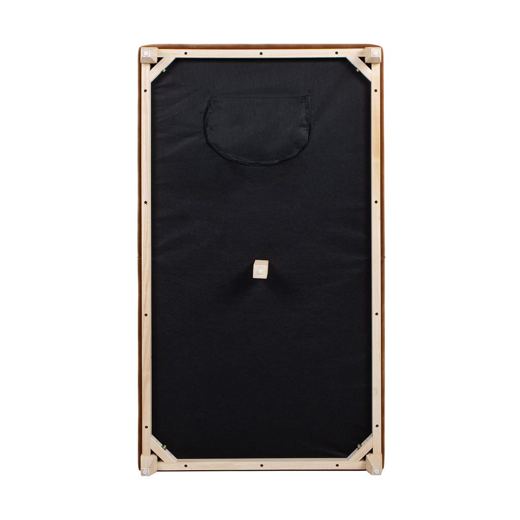 Underside of Knox 65' Modern Farmhouse Chaise Lounge Chair showing black fabric base and wooden frame construction details.