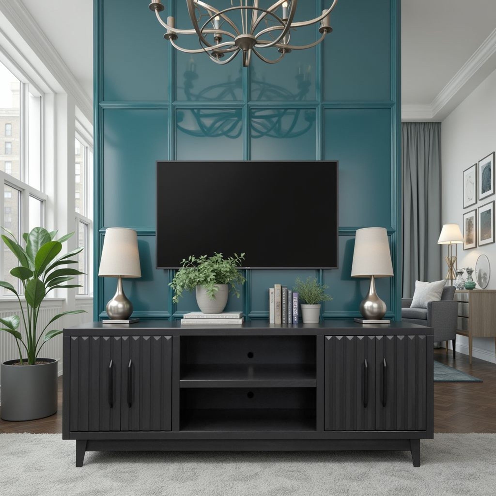Radiance TV Stand 85 inch TVs - Black Finish placed in a teal-accented room with mounted TV, plants, and modern decor.