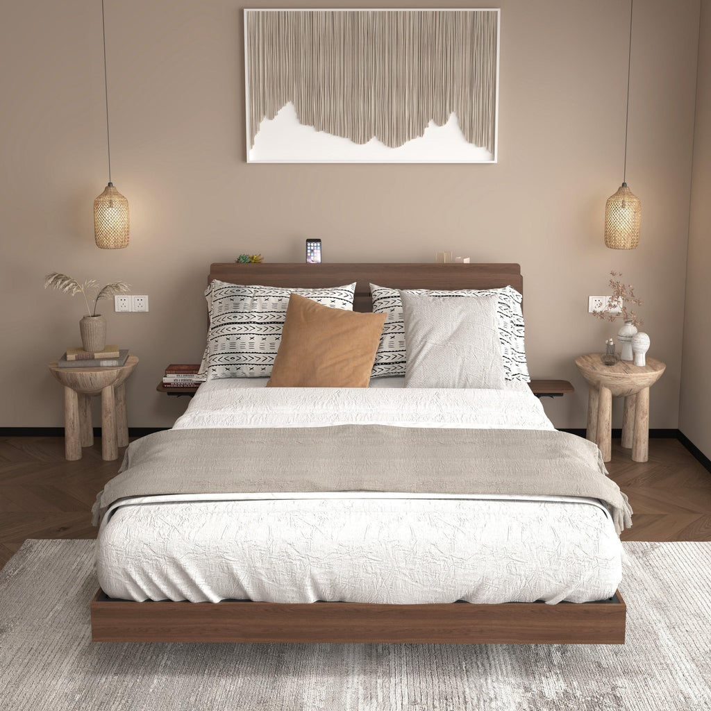 Floating Queen Bed Frame with LED, Storage & USB Ports.