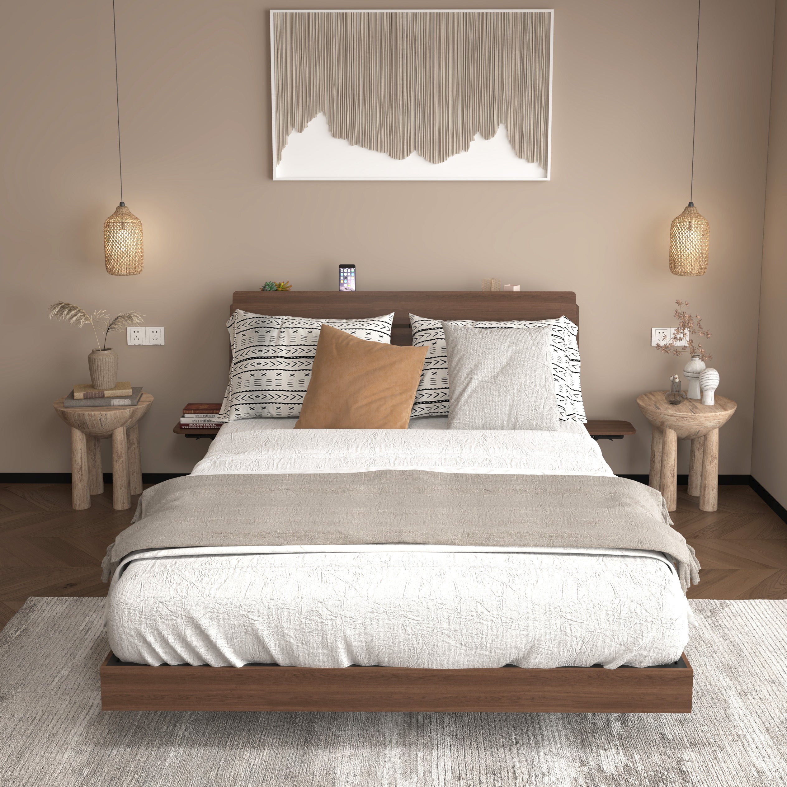Queen floating bed frame with storage headboard in a cozy modern room, no box spring needed and easy to assemble.