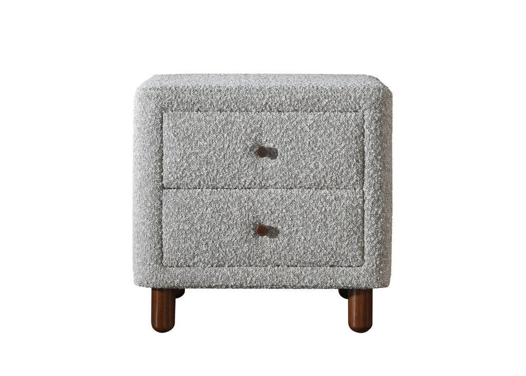 Front view of Cleo Gray Boucle Nightstand featuring two drawers and boucle upholstery. Elegant and modern bedroom furniture piece.