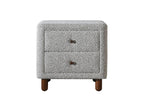 Front view of Cleo Gray Boucle Nightstand featuring two drawers and boucle upholstery. Elegant and modern bedroom furniture piece.
