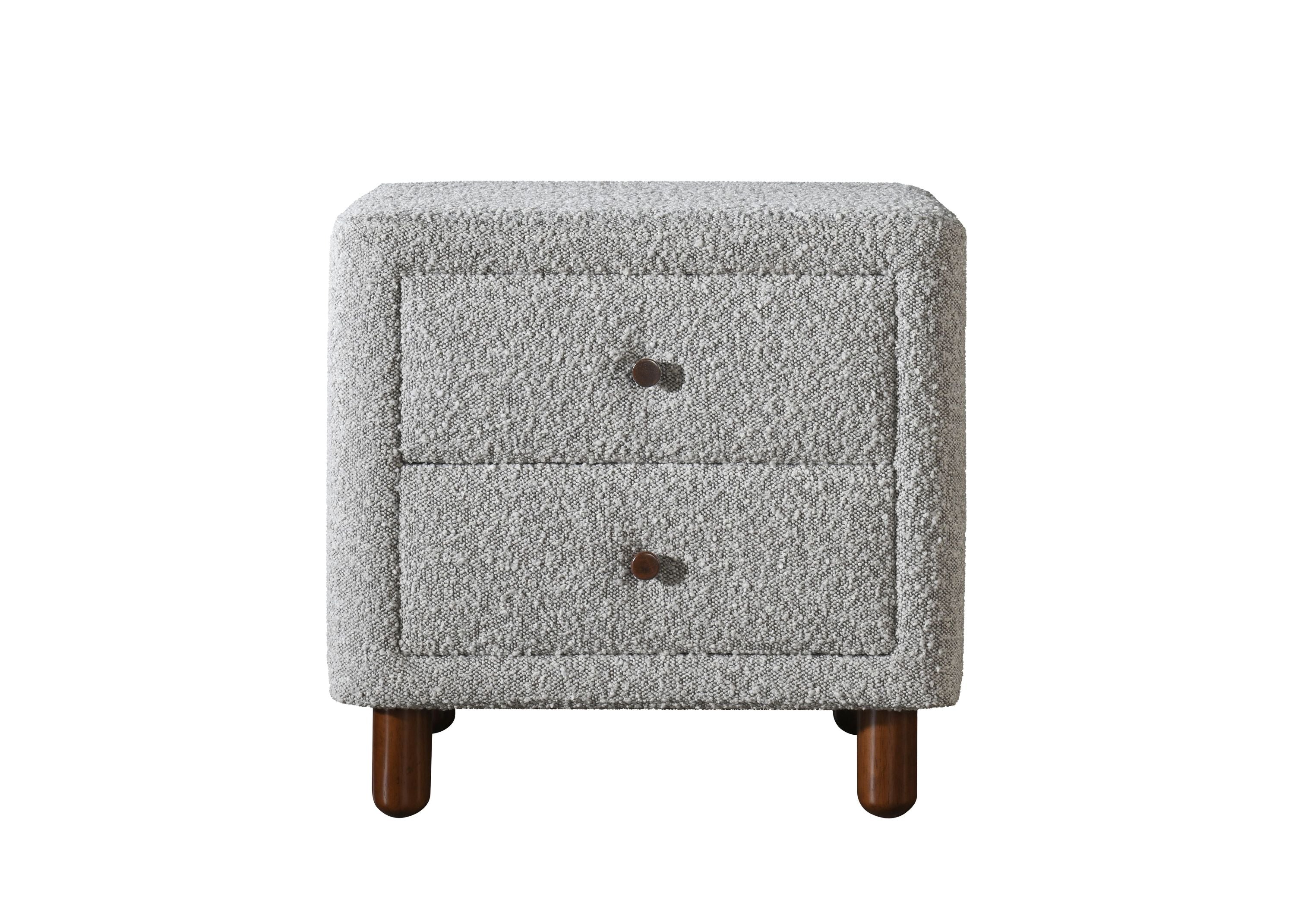 Front view of Cleo Gray Boucle Nightstand featuring two drawers and boucle upholstery. Elegant and modern bedroom furniture piece.