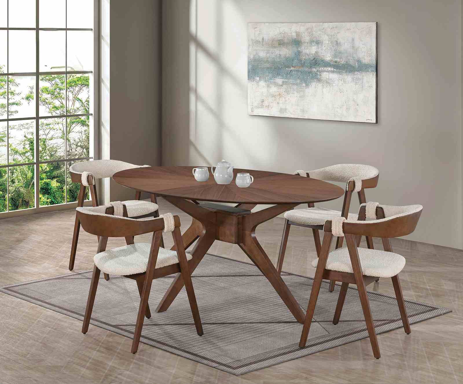 Dining room setup featuring four Walnut & Beige Mid-Century Modern Side Chairs with boucle seats around a round wooden table.