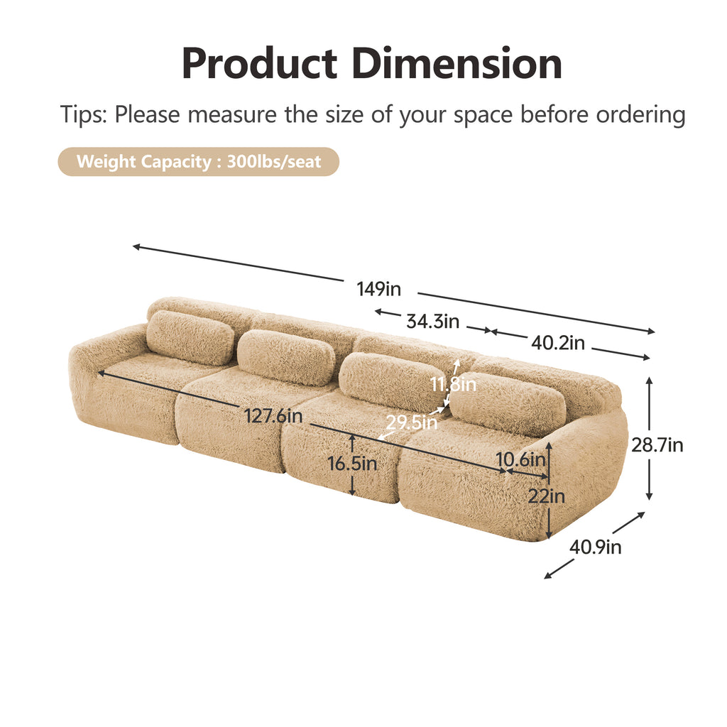 149'' modular plush sofa in light khaki with labeled dimensions and weight capacity of 300lbs per seat. Ideal for large living spaces.