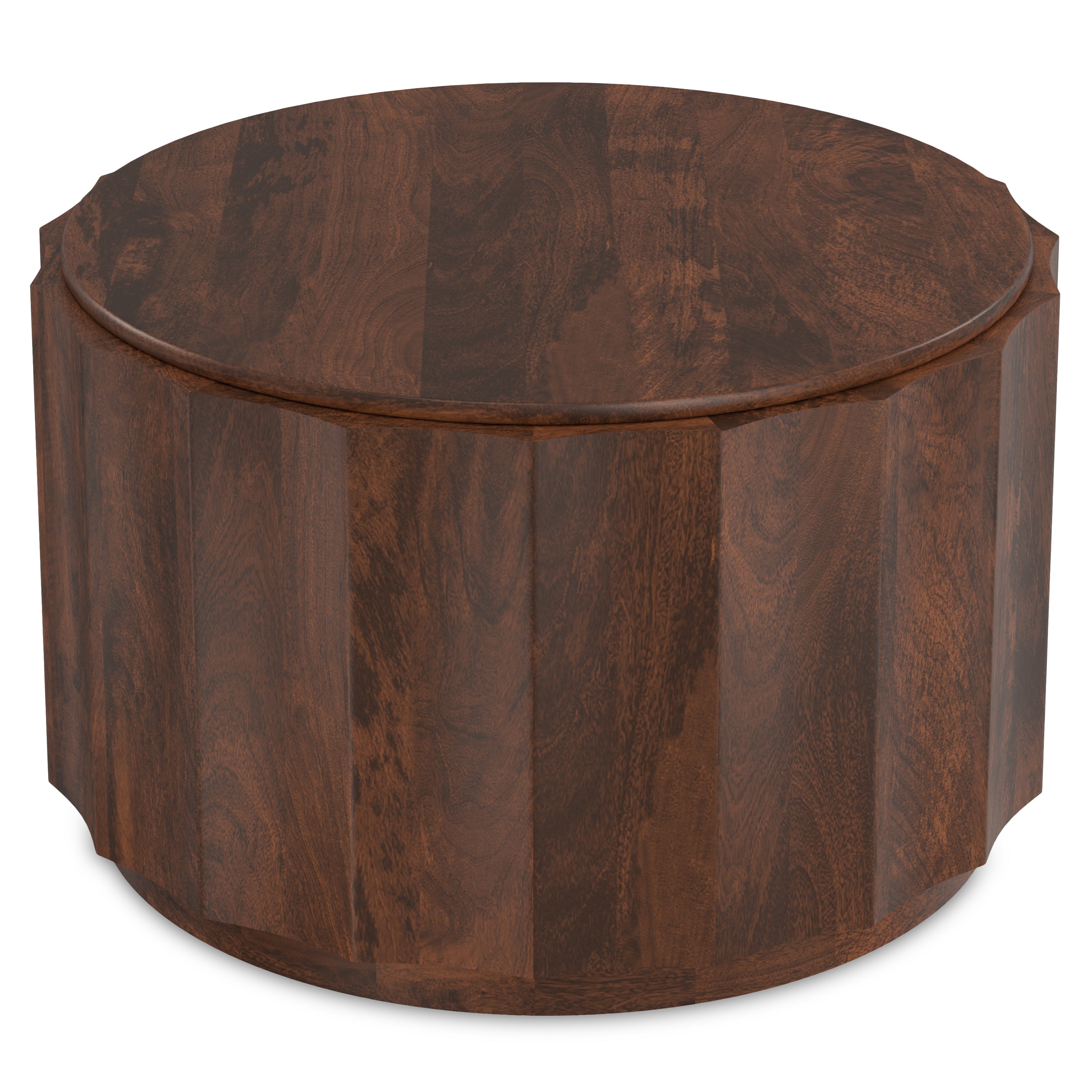 Trenton Coffee Table - Walnut Brown with a round drum shape and rich wood grain finish, ideal for modern living rooms.