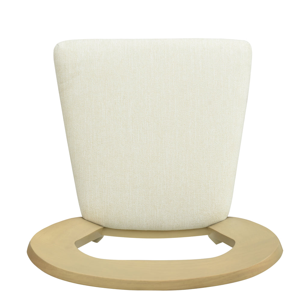 Close-up of the beige upholstered seat and light ash wood frame of a contemporary dining chair, showing assembly detail.