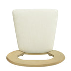 Close-up of the beige upholstered seat and light ash wood frame of a contemporary dining chair, showing assembly detail.
